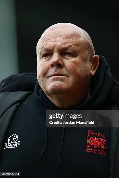 London Welsh head coach Justin Burnell looks on ahead of the Aviva Premiership match between London Welsh and Leicester Tigers at Kassam Stadium on...