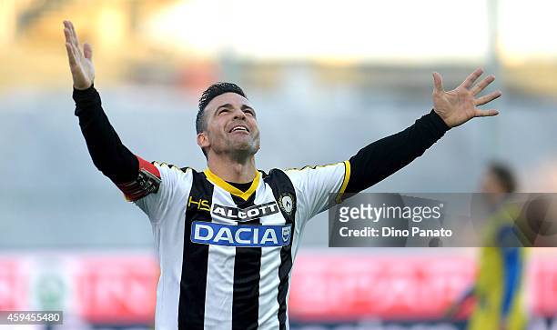 Antonio Di Natale of Udinese Calcio celebrates after scoring his opening goal and his 200th goal in Serie A during the Serie A match between Udinese...
