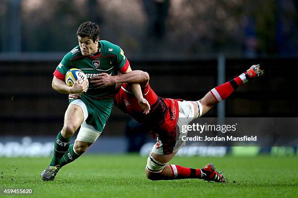 James Down of London Welsh tackles Anthony Allen of Leicester Tigers during the Aviva Premiership match between London Welsh and Leicester Tigers at...