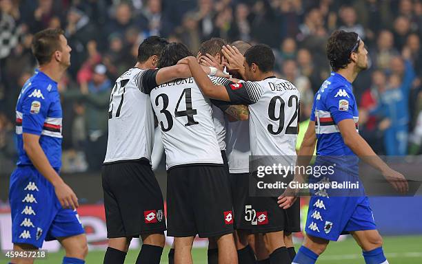 Stefano Lucchini of Cesena celebrates after scoring the opening goal during the Serie A match between AC Cesena and UC Sampdoria at Dino Manuzzi...