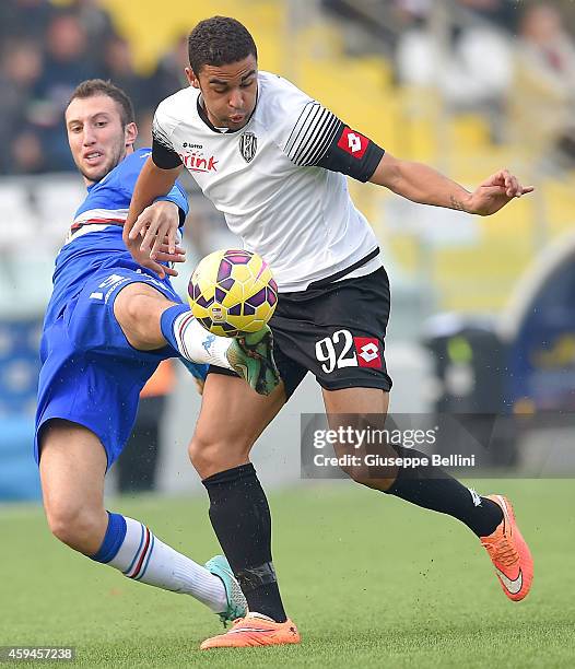 Vasco Regini of Sampdoria and Gregoire Defrel of Cesena in action during the Serie A match between AC Cesena and UC Sampdoria at Dino Manuzzi Stadium...