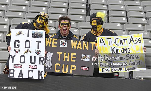 Fans get into the mood prior to play between the Montreal Alouettes and the Hamilton Tiger-Cats in the CFL football Eastern Conference final at Tim...