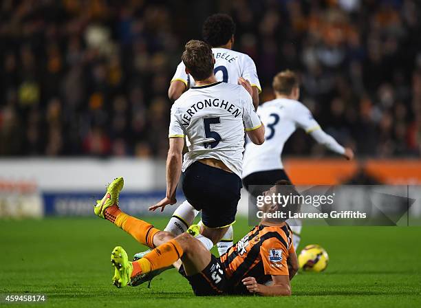 Gaston Ramirez of Hull City challenges Jan Vertonghen of Tottenham Hotspur leading to his sending off during the Barclays Premier League match...