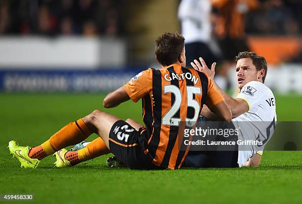 Gaston Ramirez of Hull City challenges Jan Vertonghen of Tottenham Hotspur leading to his sending off during the Barclays Premier League match...