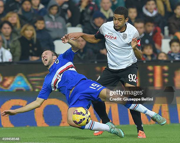 Vasco Regini of Sampdoria and Gregoire Defrel of Cesena in action during the Serie A match between AC Cesena and UC Sampdoria at Dino Manuzzi Stadium...