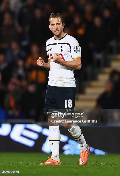 Harry Kane of Tottenham Hotspur celebrates his goal during the Barclays Premier League match between Hull City and Tottenham Hotspur at KC Stadium on...