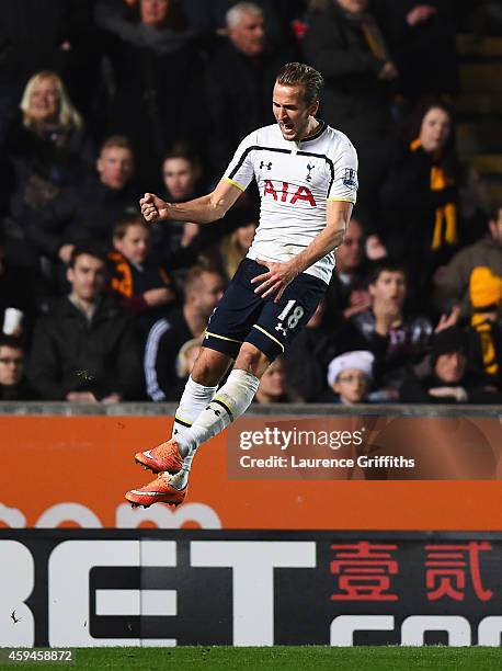 Harry Kane of Tottenham Hotspur celebrates his goal during the Barclays Premier League match between Hull City and Tottenham Hotspur at KC Stadium on...