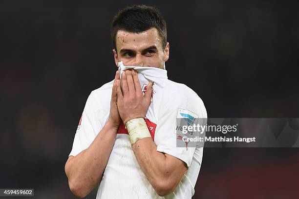 Filip Kostic of Stuttgart reacts during the Bundesliga match between VfB Stuttgart and FC Augsburg at Mercedes-Benz Arena on November 23, 2014 in...