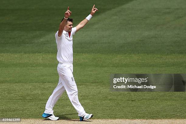 James Anderson of England celebrates his dismissal of David Warner of Australia during day two of the Fourth Ashes Test Match between Australia and...