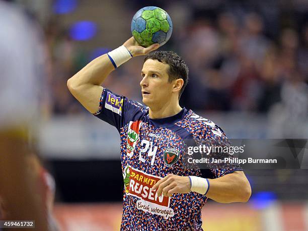 Bartlomiej Jaszka of Fuechse Berlin in action during the game between Fuechse Berlin and HBC Nantes on november 23, 2014 in Berlin, Germany.