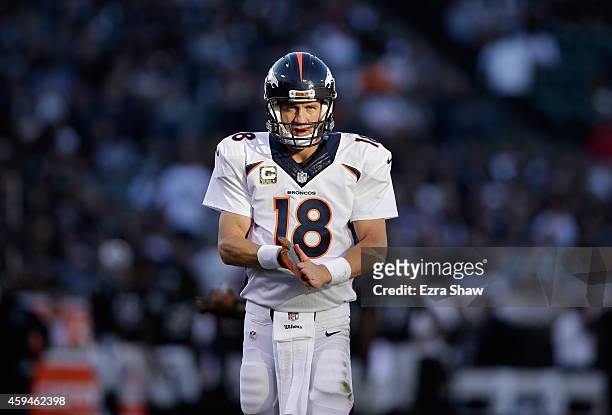 Peyton Manning of the Denver Broncos stands on the field during their game against the Oakland Raiders at O.co Coliseum on November 9, 2014 in...