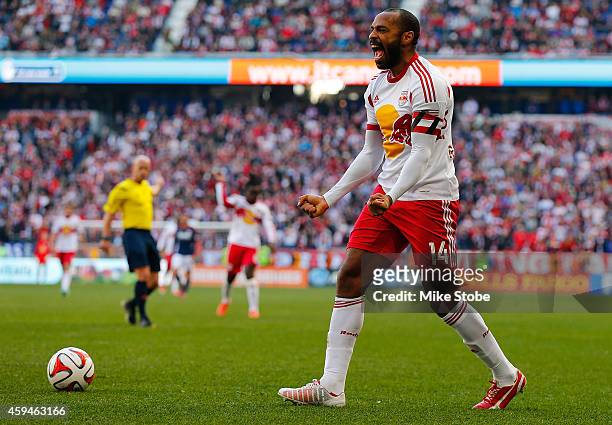 Thierry Henry of New York Red Bulls reacts during the game against the New England Revolution during the Eastern Conference Final - Leg 1 at Red Bull...