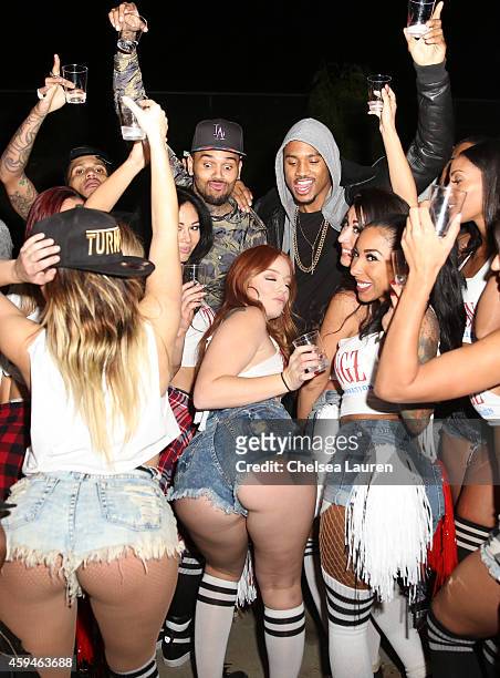 Rapper Kid Ink, singers Chris Brown and Trey Songz attend Trey Songz' 30th birthday carnival extravaganza on November 22, 2014 in Agoura Hills,...