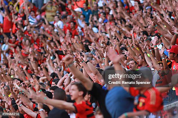 Fans of Sport Recife cheer before a match between Sport Recife and Fluminense as part of Brasileirao Series A 2014 at Arena Pernambuco on November...