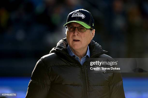 Seattle Seahawks owner Paul Allen walks on the field prior to their game against the Arizona Cardinals at CenturyLink Field on November 23, 2014 in...