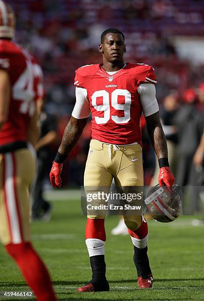 Aldon Smith of the San Francisco 49ers is seen during pregame against the Washington Redskins at Levi's Stadium on November 23, 2014 in Santa Clara,...