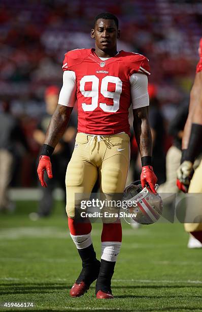 Aldon Smith of the San Francisco 49ers is seen during pregame against the Washington Redskins at Levi's Stadium on November 23, 2014 in Santa Clara,...