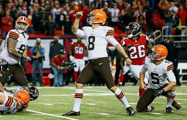 Billy Cundiff of the Cleveland Browns kicks the game winning field goal as time expired in the second half against the Atlanta Falcons at Georgia...