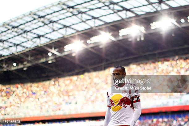 Thierry Henry of New York Red Bulls looks on against the New England Revolution during the Eastern Conference Final - Leg 1 at Red Bull Arena on...