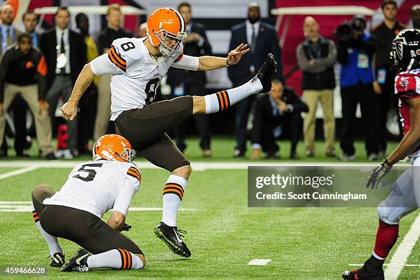 Billy Cundiff of the Cleveland Browns kicks the game winning field goal as time expired in the second half against the Atlanta Falcons at Georgia...