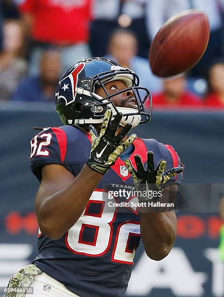 Keshawn Martin of the Houston Texans reaches for a return during the second half of their game against the Cincinnati Bengals at NRG Stadium on...