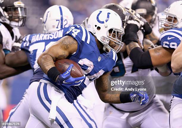 Trent Richardson of the Indianapolis Colts runs with the ball during the game against the Jacksonville Jaguars at Lucas Oil Stadium on November 23,...