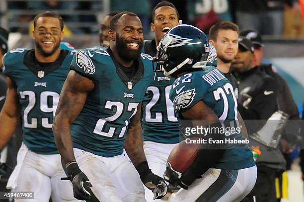 Brandon Boykin of the Philadelphia Eagles celebrates his interception with teammate Malcolm Jenkins during the fourth quarter against the Tennessee...