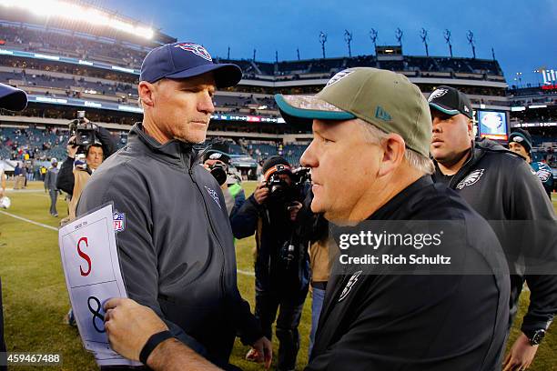 Head coach Ken Whisenhunt of the Tennessee Titans shakes hands with head coach Chip Kelly of the Philadelphia Eagles after the game at Lincoln...