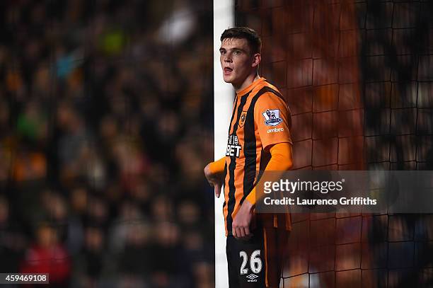 Andy Robertson of Hull City looks on during the Barclays Premier League match between Hull City and Tottenham Hotspur at KC Stadium on November 23,...