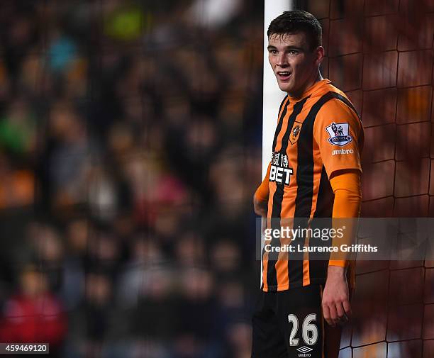 Andy Robertson of Hull City looks on during the Barclays Premier League match between Hull City and Tottenham Hotspur at KC Stadium on November 23,...