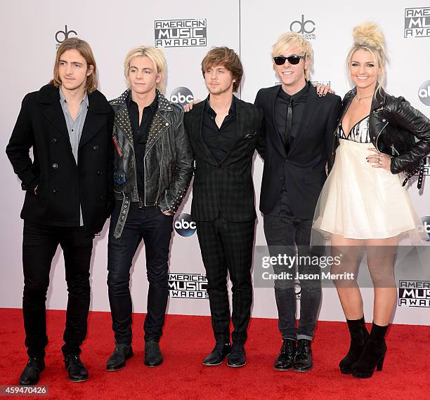 Musicians Rocky Lynch, Ross Lynch, Ellington Ratliff, Riker Lynch, and Rydel Lynch of R5 attend the 2014 American Music Awards at Nokia Theatre L.A....