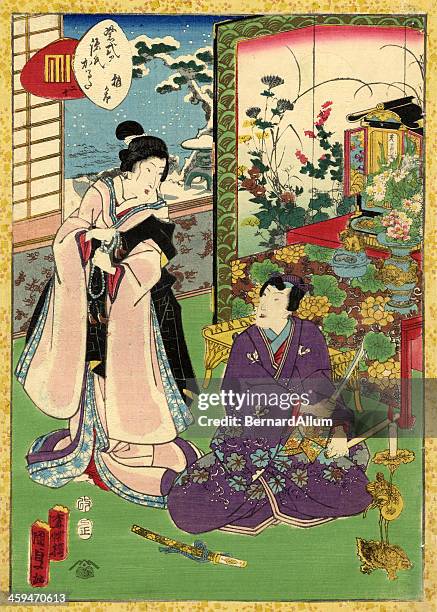 bildbanksillustrationer, clip art samt tecknat material och ikoner med traditional japanese woodblock of a couple in room - geisha japan