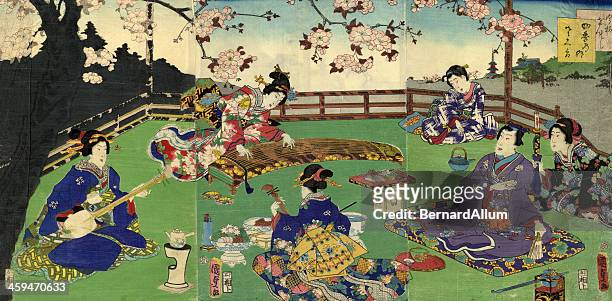 ilustraciones, imágenes clip art, dibujos animados e iconos de stock de flor de cerezo japonés tríptico woodblock entretenimiento - geisha