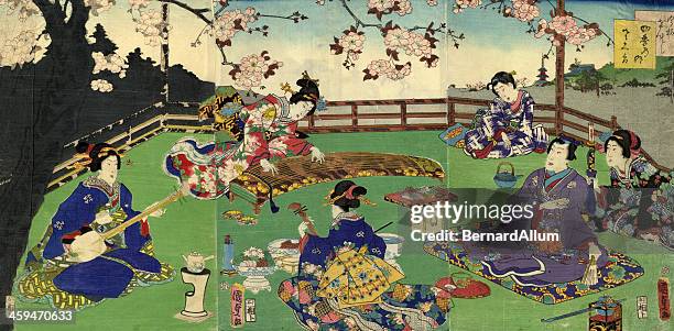 japanese triptych woodblock cherry blossom entertainment - cherry tree stock illustrations