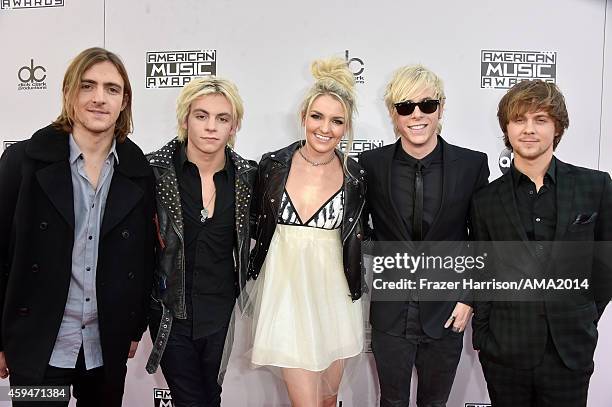 Recording artists Rocky Lynch, Ross Lynch, Rydel Lynch, Riker Lynch and Ellington Ratliff of music group R5 attend the 2014 American Music Awards at...