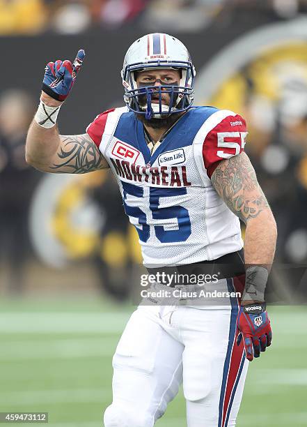 Gabriel Knapton of the Montreal Alouettes signals a big defensive play against the Hamilton Tiger-Cats in the CFL football Eastern Conference Final...