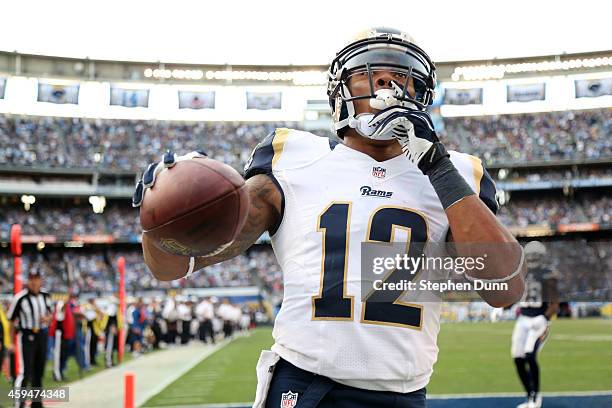 Wide receiver Stedman Bailey of the St. Louis Rams celebrates after his seven yard touchdown catch in the fourth quarter against the San Diego...