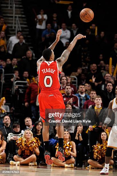 Jeff Teague of the Atlanta Hawk shoots the game winner as the clock expires in double overtime against the Cleveland Cavaliers in at The Quicken...