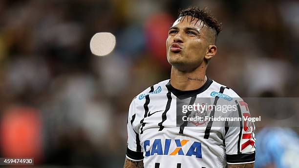 Guerrero of Corinthians looks on during the match between Corinthians and Gremio for the Brazilian Series A 2014 at Arena Corinthians on November 23,...