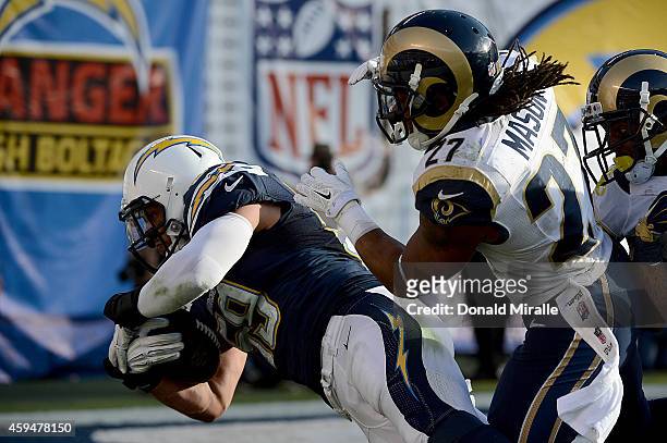 Andrew Gachkar of the San Diego Chargers recovers a fumble for a touchdown against the St. Louis Rams during their NFL Game on November 23, 2014 in...