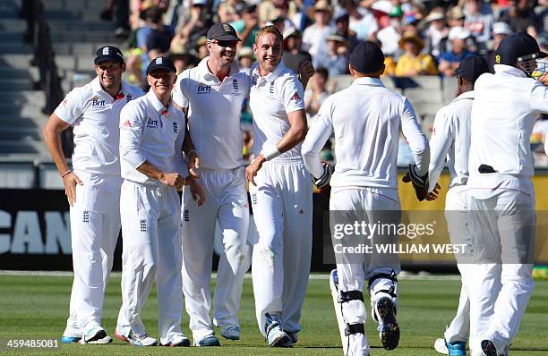 England bowler Stuart Broad is congratulated by teammates after dismissing Australian batsman Ryan Harris on the second day of the fourth Ashes...