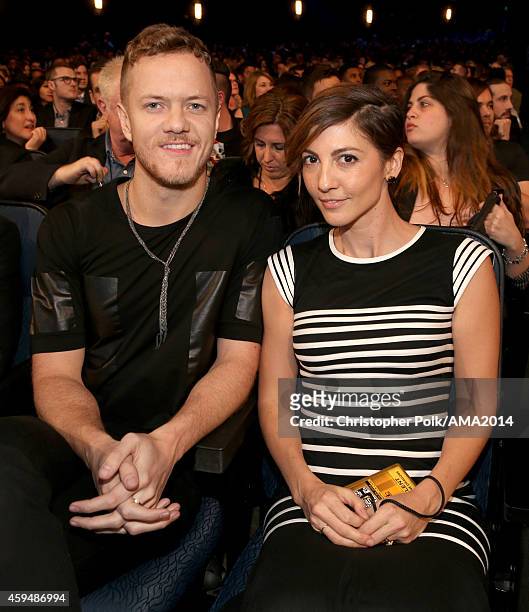 Recording artist Dan Reynolds of Imagine Dragons and Aja Volkman attend the 2014 American Music Awards at Nokia Theatre L.A. Live on November 23,...