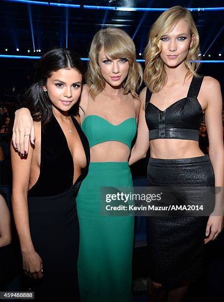 Selena Gomez, Taylor Swift and Karlie Kloss attend the 2014 American Music Awards at Nokia Theatre L.A. Live on November 23, 2014 in Los Angeles,...