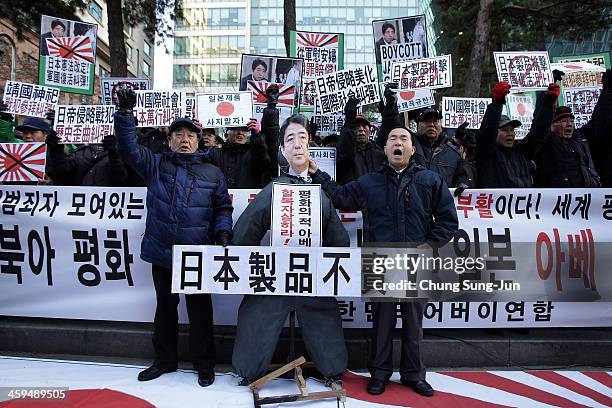 South Korean conservative protesters shout slogans during a anti-Japan rally in front of the Japanese embassy on December 27, 2013 in Seoul, South...