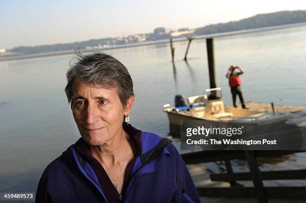 Secretary of the Interior Sally Jewell is interviewed at Belle Haven Marina following a press conference on the Hurricane Sandy Coastal Resilency...