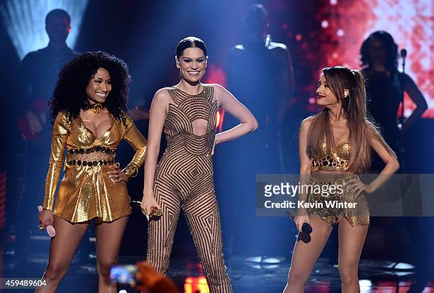 Recording artists Nicki Minaj, Jessie J and Ariana Grande perform onstage at the 2014 American Music Awards at Nokia Theatre L.A. Live on November...