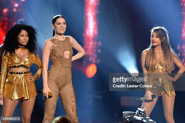 Rapper Nicki Minaj, singers Jessie J, and Ariana Grande perform onstage at the 2014 American Music Awards at Nokia Theatre L.A. Live on November 23,...