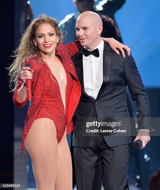 Entertainers Jennifer Lopez and Pitbull perform onstage at the 2014 American Music Awards at Nokia Theatre L.A. Live on November 23, 2014 in Los...