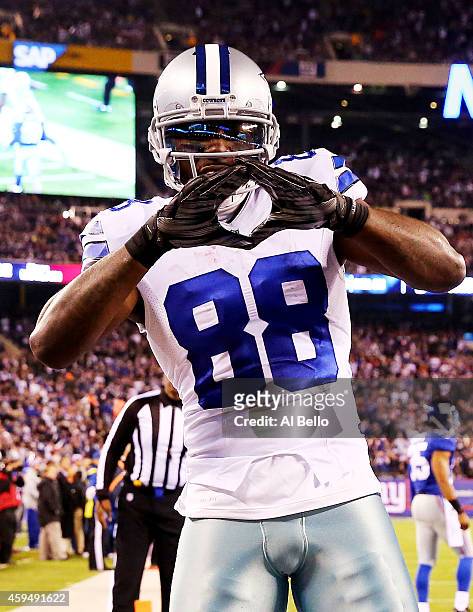 Dez Bryant of the Dallas Cowboys celebrates his touchdown in the third quarter against the New York Giants at MetLife Stadium on November 23, 2014 in...