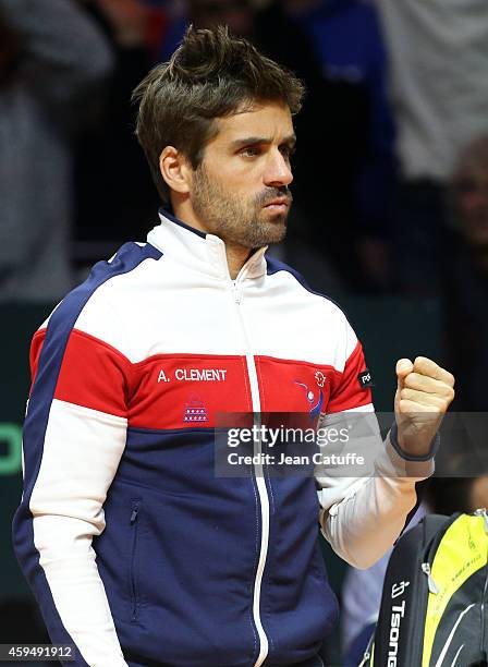 Captain of France Arnaud Clement reacts during day one of the Davis Cup tennis final between France and Switzerland at the Grand Stade Pierre Mauroy...